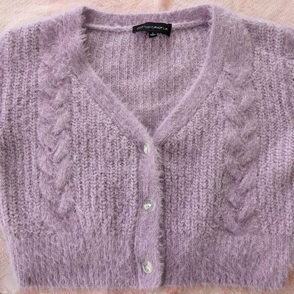 Fuzzy Lavender Crop Cardigan Sweater Small Cable Knit Button Up Purple Pastel - Picture 7 of 7